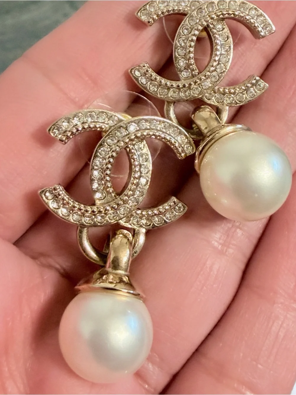 CHANEL Gold Crystal CC Pearl Drop Earrings